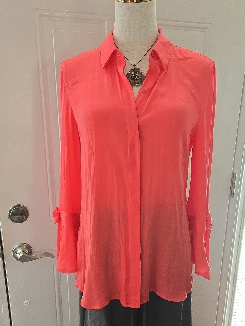 Isaac Mizrahi Coral-Red Button-Down Long Sleeve Shirt